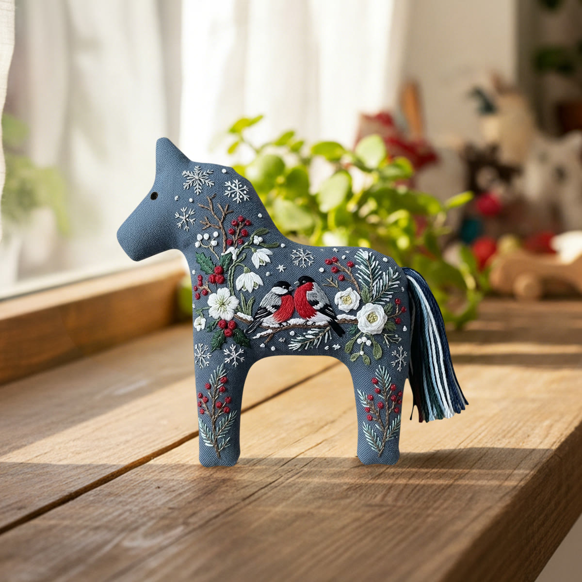 Rubbyoo Dala Horse Embroidery Kit - Loving Bullfinches | Handmade Winter Fireplace Decor | Vintage Nordic Shelf Accent - image 2