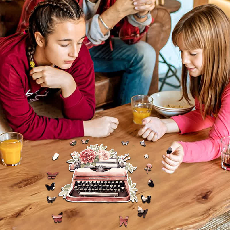 Vintage Flower Typewriter - Wooden Jigsaw Puzzle