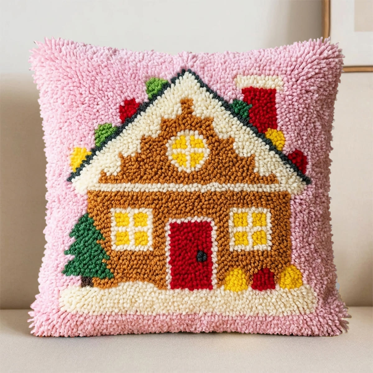 Rubbyoo Latch Hook Pillow Kit - Pink Gingerbread House | Unique Birthday Craft | Diy Cushion Cover - image 5