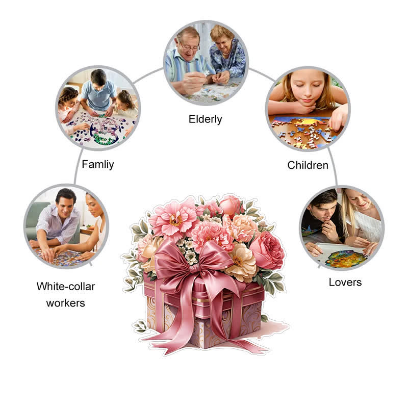 Pink Gift Box Flowers - Wooden Jigsaw Puzzle