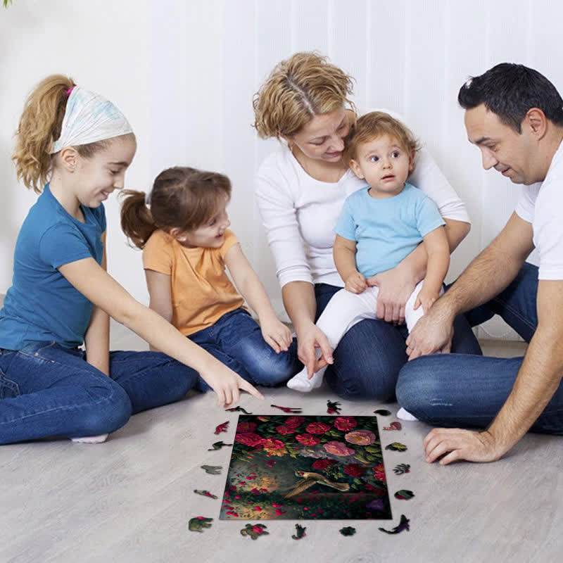 Hummingbird and roses scenery - Wooden Jigsaw Puzzle