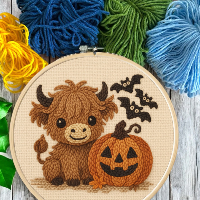 Cow Wtih Pumpkin Punch Needle Kit - Halloween Animal Decor | Diy Hoop Artwork - image 4