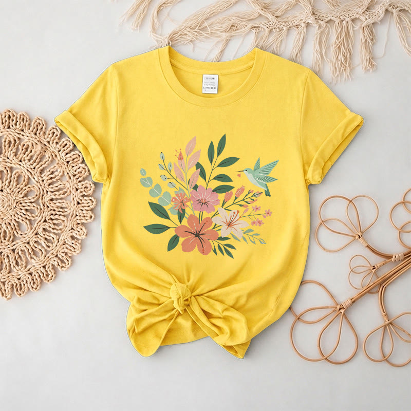 Rubbyoo Wonderful Garden  Graphic Tee  - Artistic  Hummingbird & Flower Pattern  | Summer Lightweight Casual Wear - Yellow - 2XL - image 12