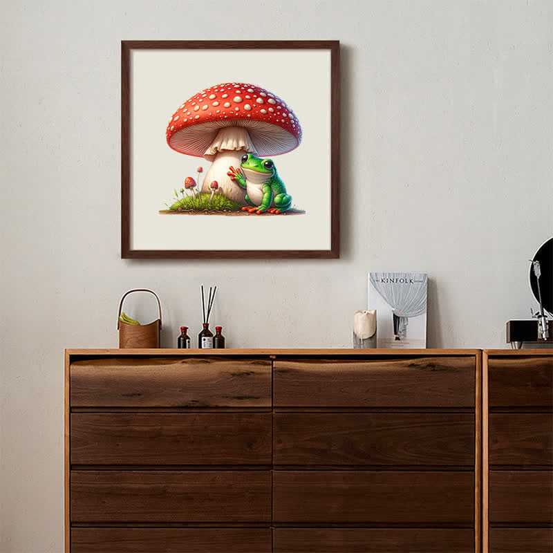A frog sitting on a mushroom - Wooden Jigsaw Puzzle