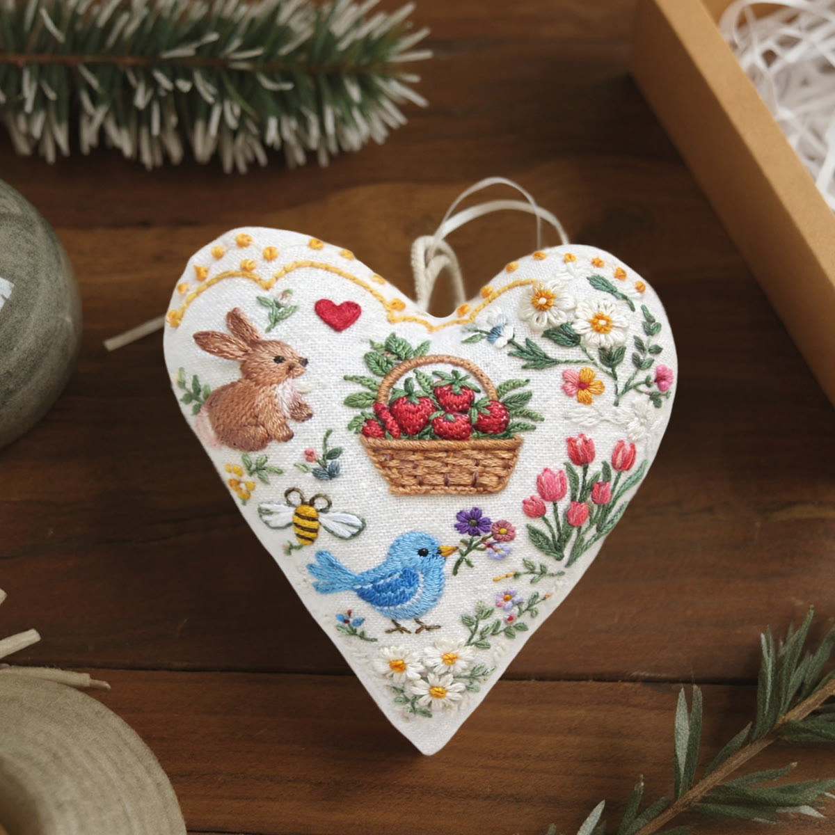 Rubbyoo Heart Embroidery Kit - Bunny Strawberry Basket Bird | Newbie-friendly Diy Project | Elegant Embroidered Hanging Ornament - image 4