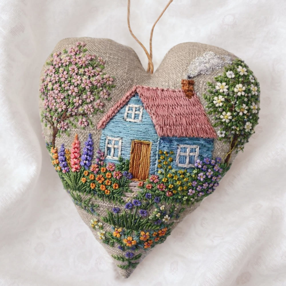 Rubbyoo Heart Embroidery Kit - Cottage With Blossom Landscape Motif | Delicate Handstitched Craft | Cozy Pendant - image 3