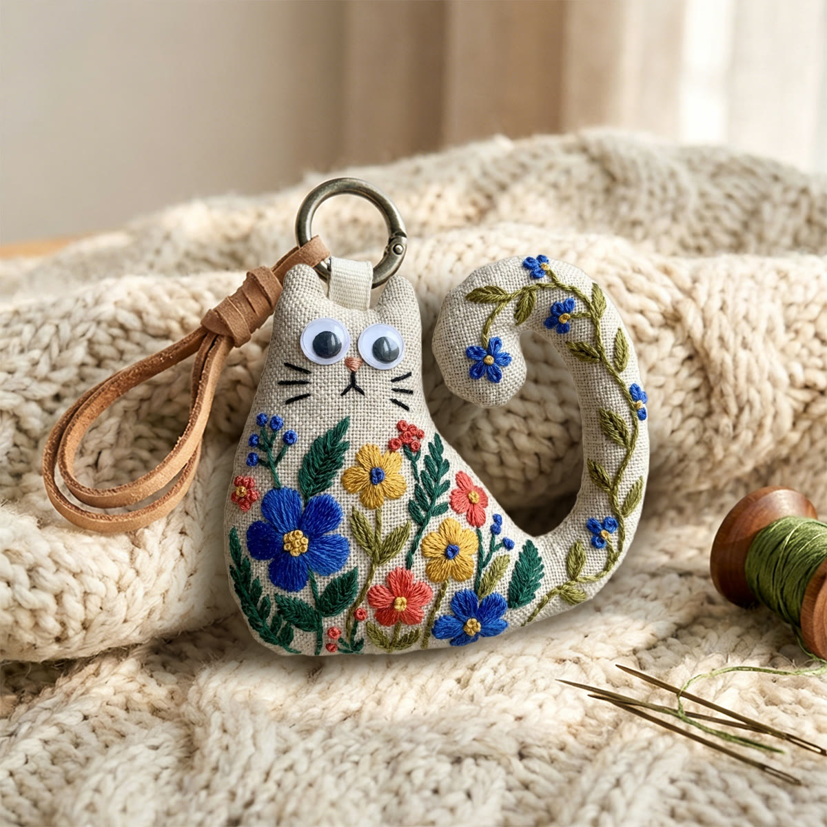 Rubbyoo Cat Embroidery Kit - Colorful Wildflower And Leafy Vine | Handmade Gift For Her | Cottagecore Bag Charm - image 9