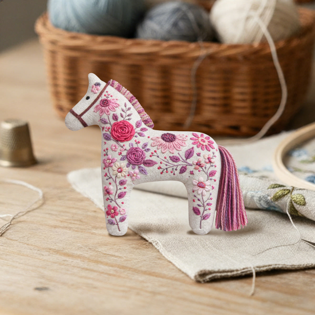 Rubbyoo Dala Horse Embroidery Kit - Pink Roses And Mauve Peonies | Romantic Mother's Day Gift | Aesthetic Bag Accessory - image 3