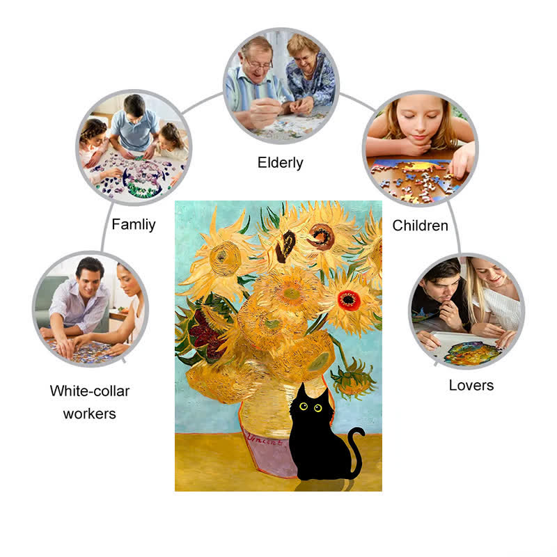 Rubbyoo Cat with Sunflowers - Wooden Jigsaw Puzzle