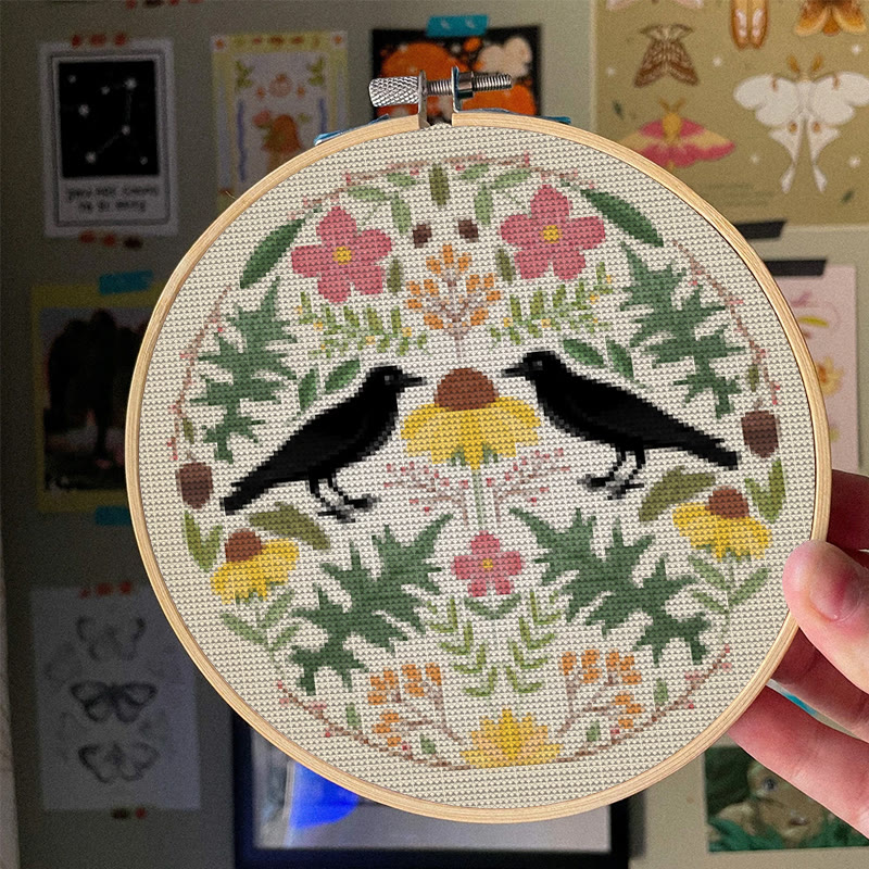  Cross Stitch Kit - Floral Ravens | Handmade Room Ornament | Diy  Needle Craft  - image 4