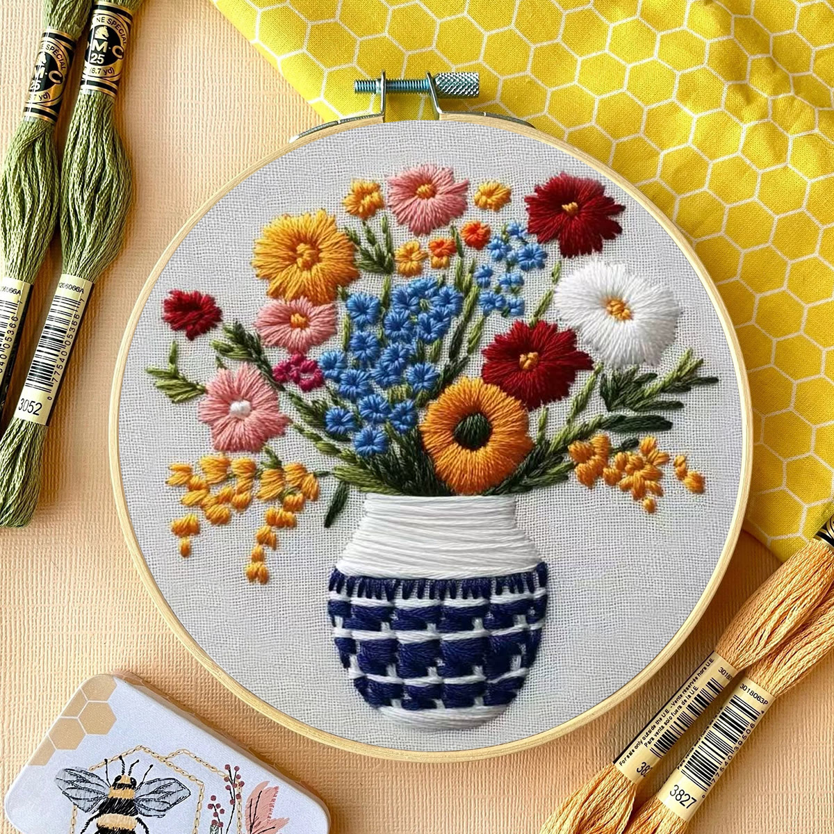 Rubbyoo Embroidery Kit - Checkered Vase Floral Bouquet | Home Hanging Ornament | Novice Decro - image 13