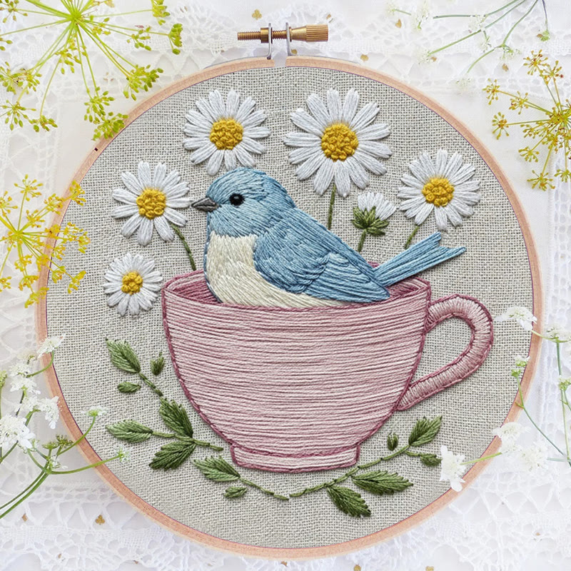 Rubbyoo Embroidery Kit - Floral Bird Cup | Handmade Stitch Art | Unique Home Collection - image 6