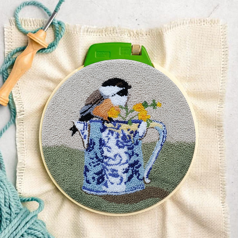  Bird With Teapot Punch Needle Kit - Lovely Bird Handicraft |  Diy Decorative Hoop Art - image 3