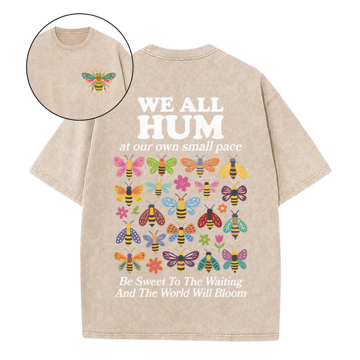 Rubbyoo We All Hum At Our Own Small Pace Double Sided Bees Pattern Unisex Washed T-shirt  - Apricot - 5XL - image 13