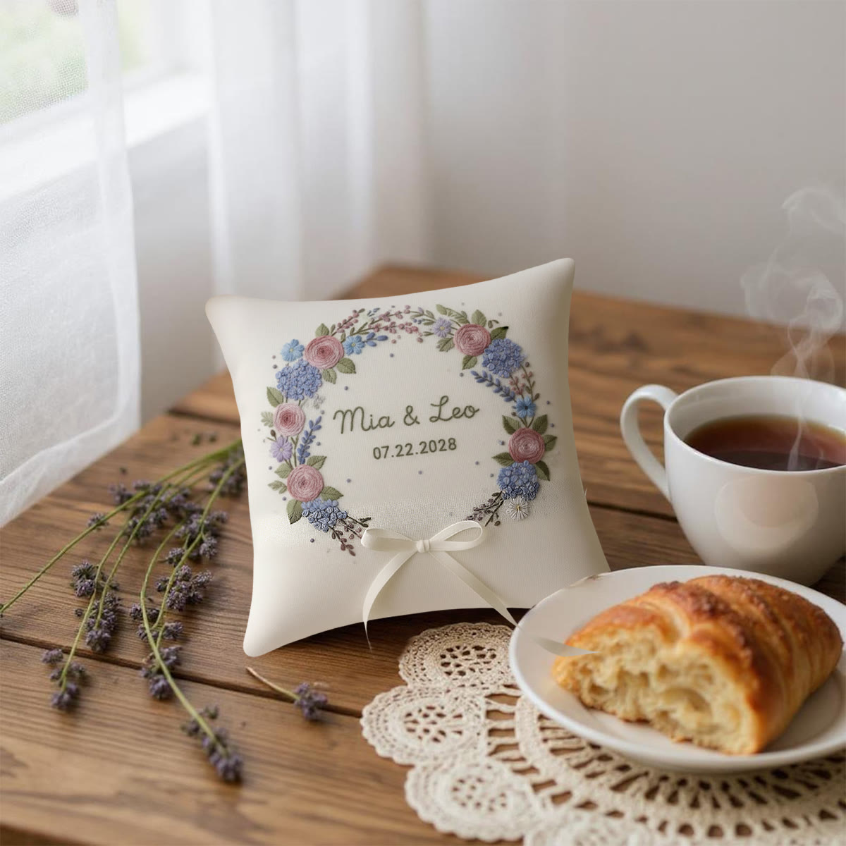 Rubbyoo Personalized Ring Bearer Pillow Embroidery Kit - Pink Rose Hydrangea Floral Wreath | Bespoke Handmade Work | Wedding Table Accents - image 4