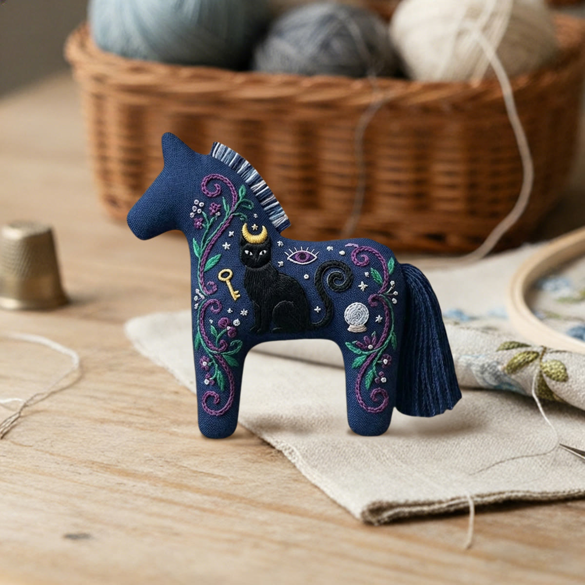 Rubbyoo Dala Horse Embroidery Kit - Black Cat | Goth Birthday Gift | Celestial Car Mirror Hanging - image 4