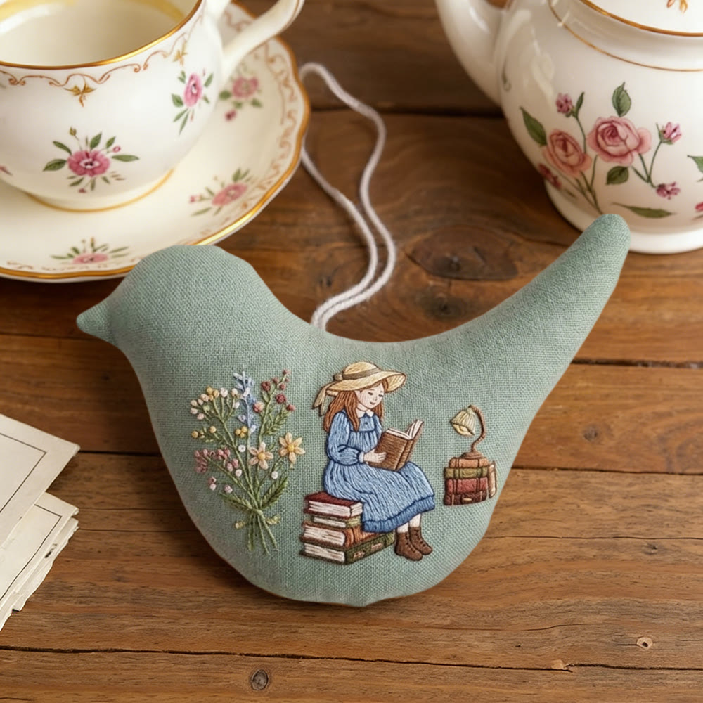 Rubbyoo Bird-shaped Embroidery Kit - Reading Girls | Handmade Spring Decor | Unique Gift For Mom - image 3
