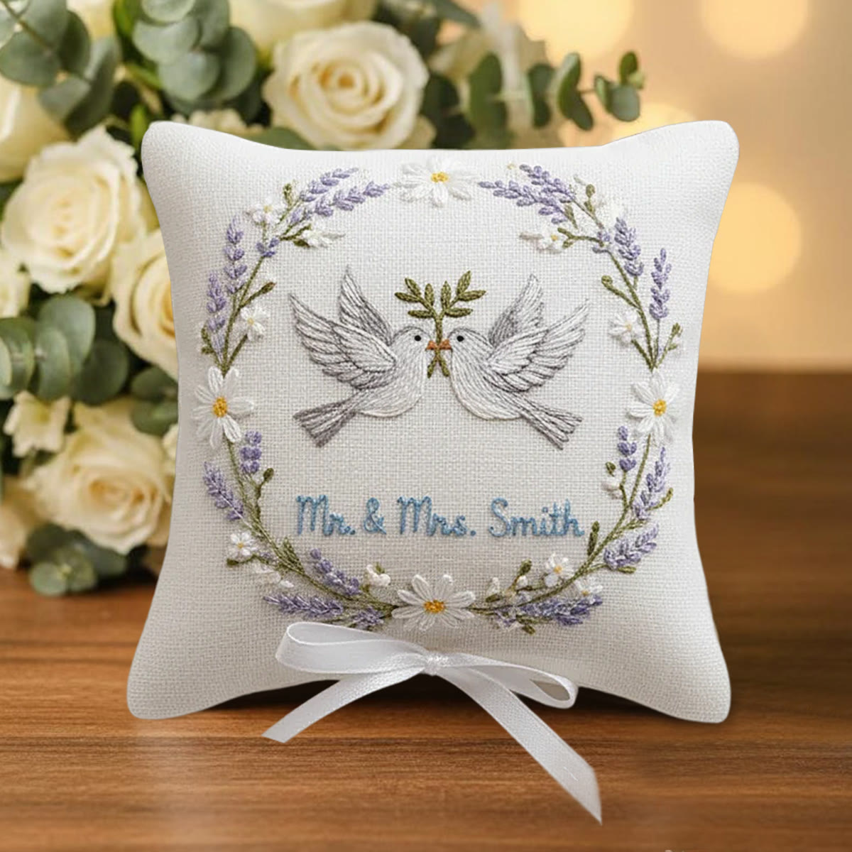 Rubbyoo Personalized Ring Bearer Pillow Embroidery Kit - White Doves Lavender Daisy Wreath | Creative Ring Pillow | Memorable Moments Gift - image 10
