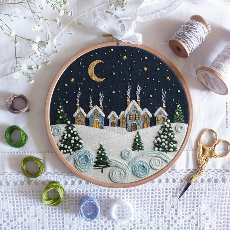 Rubbyoo Embroidery Kit - Moonlit Snow Town | Cozy Home Ornament | Hand Stitch Craft - image 9