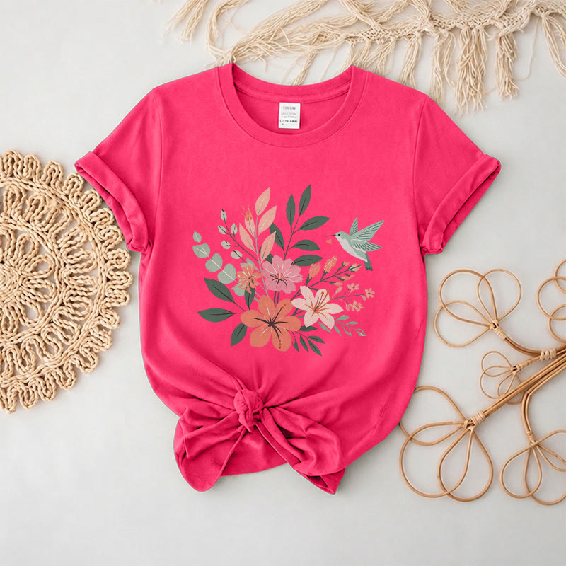 Rubbyoo Wonderful Garden  Graphic Tee  - Artistic  Hummingbird & Flower Pattern  | Summer Lightweight Casual Wear - Fuchsia - 2XL - image 11