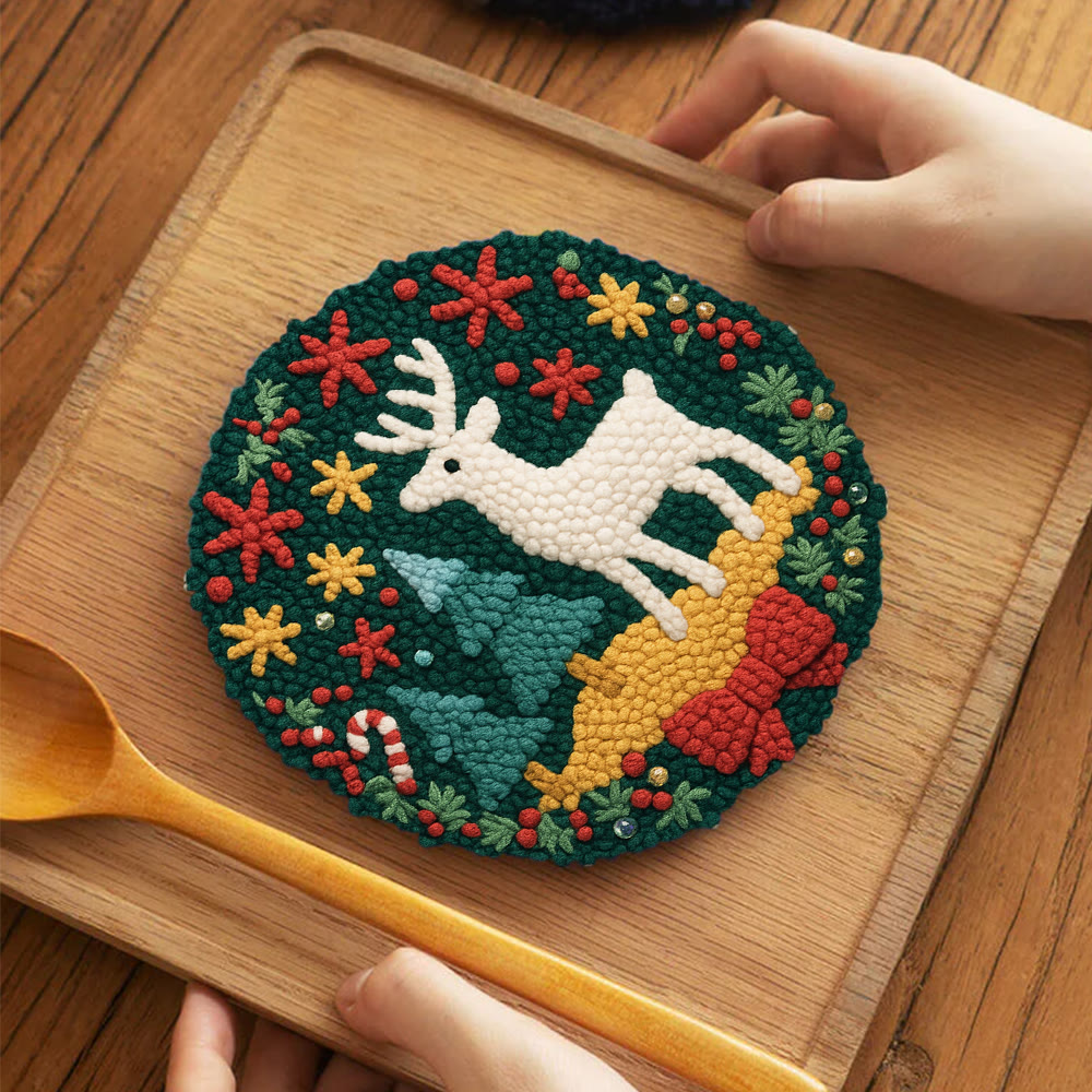 Jolly White Reindeer Christmas Punch Needle Kit – Exquisite Decor Piece | Ideal Gift For Her - 5 inch Coaster Kit - image 4