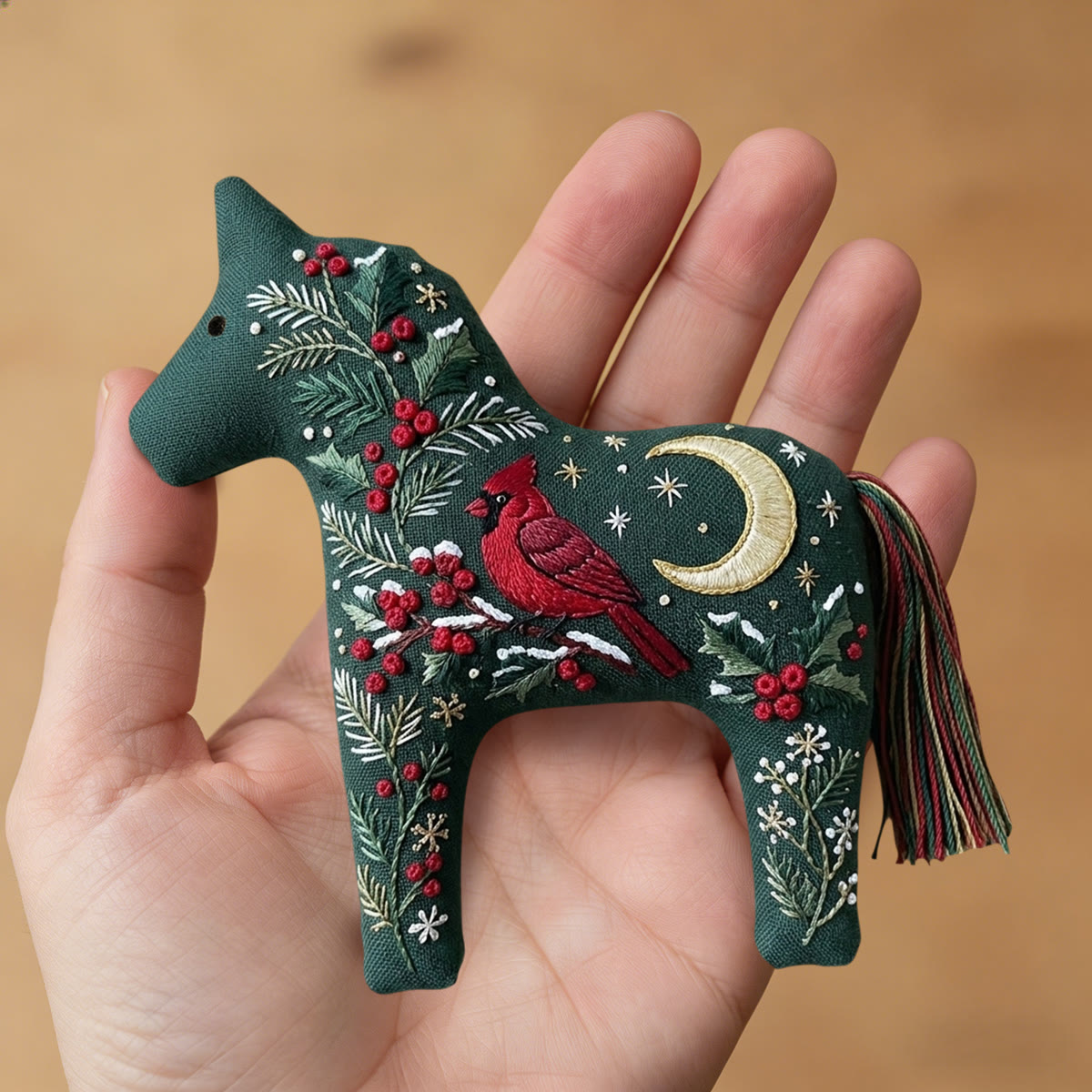 Rubbyoo Dala Horse Embroidery Kit - Winter Midnight Cardinal | Traditional Christmas Tree Hanging | Cozy Festive Parlor Display - image 7