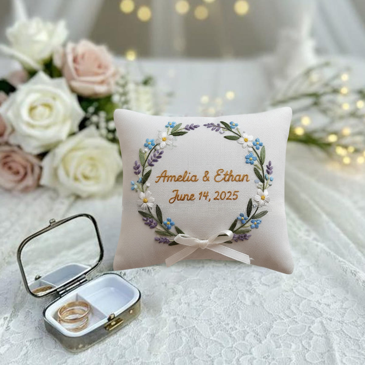 Rubbyoo Personalized Ring Bearer Pillow Embroidery Kit - Blue Daisy Lavender Wreath | Gift-giving Handcraft | Special Date Celebrations - image 4