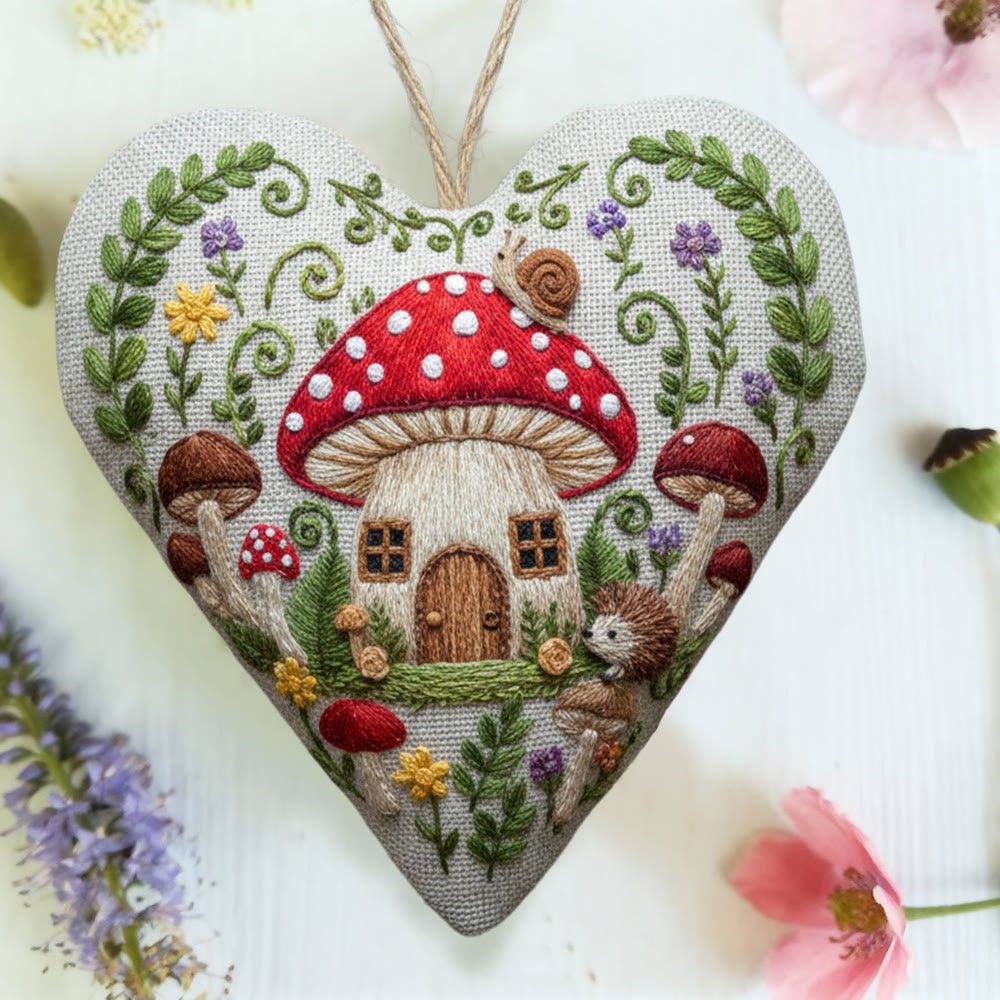 Rubbyoo Heart Embroidery Kit - Mushroom Cottage And Hedgehog | Enchanting Diy | Whimsical Gift Idea - 6 inches hoop kit - image 8