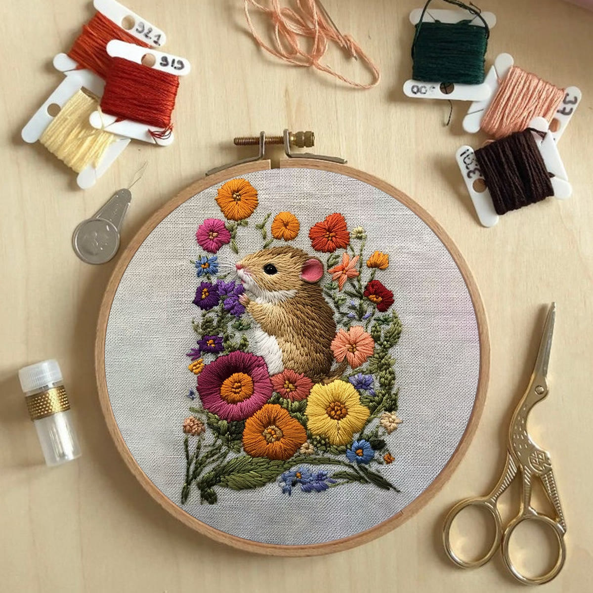 Rubbyoo Embroidery Kit - Adorable Mouse In Floral Garden | Handcrafted Nature Art | Perfect For Embroidery Starters - image 5