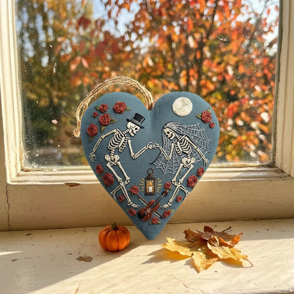 Rubbyoo Heart Embroidery Kit - Dancing Skeleton Couple | Dark Romant Gift | Halloween Bag Charm - image 7