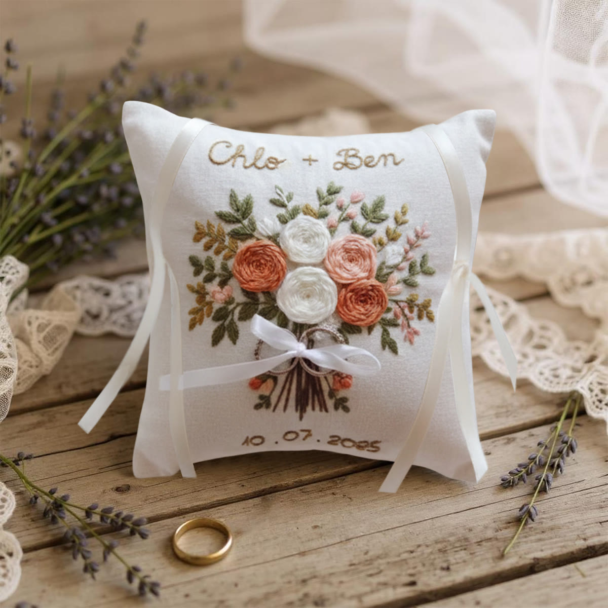 Rubbyoo Personalized Ring Bearer Pillow Embroidery Kit - White Peach Rose Bouquet | Wedding  Gift| Beginner-Friendly - image 4