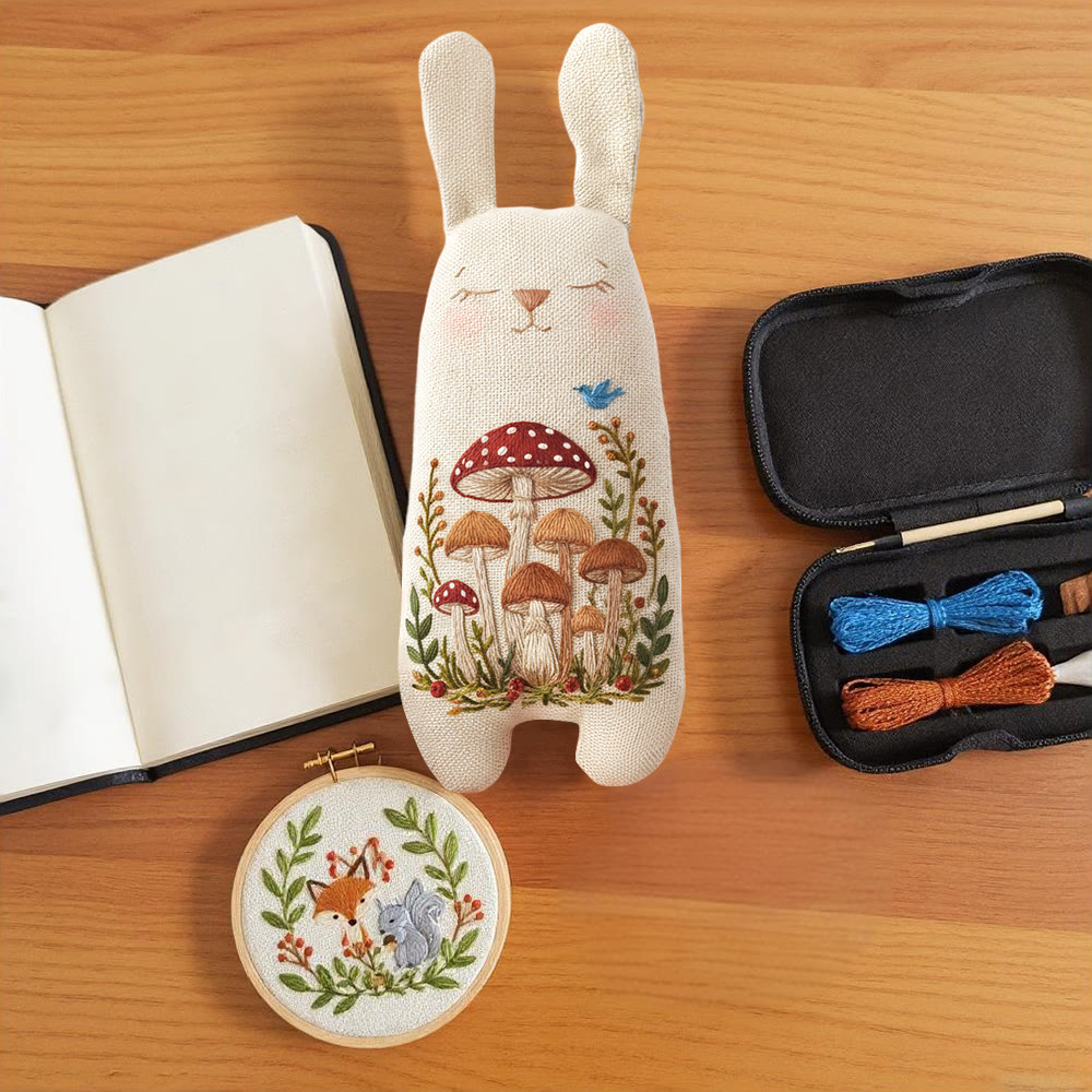 Rubbyoo Bunny Toy Embroidery Kit - Mushroom Cluster and Blue Bird | Easy DIY Project | Whimsical Shelf Decor - image 9