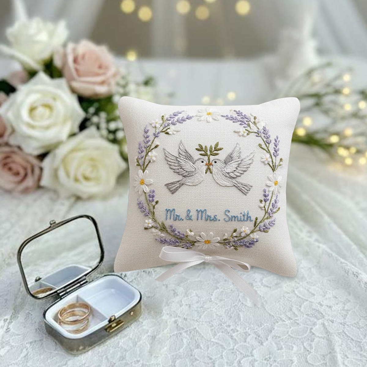 Rubbyoo Personalized Ring Bearer Pillow Embroidery Kit - White Doves Lavender Daisy Wreath | Creative Ring Pillow | Memorable Moments Gift - image 4