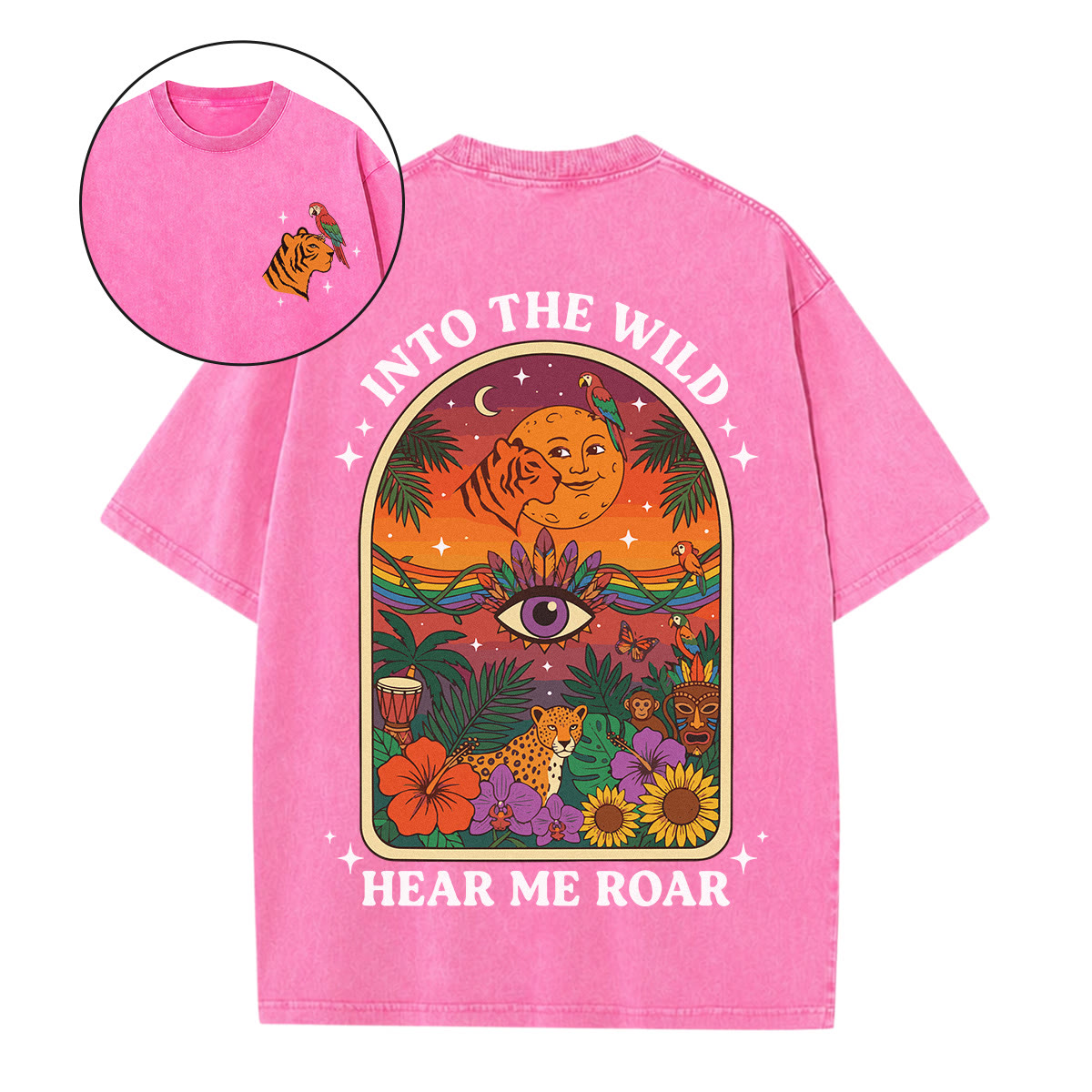 Rubbyoo Wild World Double Sided Unisex Washed T-shirt  - High-saturation Flowers & Animals Pattern | Retro Style Psychedelic Street Wear - Pink - 5XL - image 1