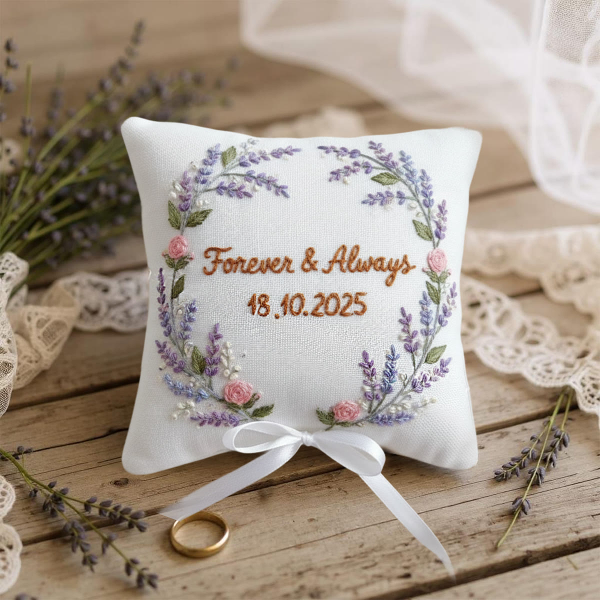 Rubbyoo Personalized Ring Bearer Pillow Embroidery Kit - Lavender Wreath | Holding Wedding Rings | Weddings Ceremony - image 9