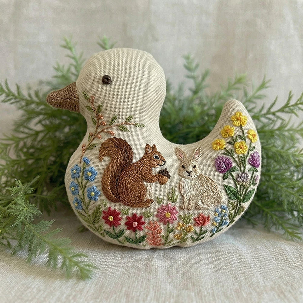 Rubbyoo Duck Embroidery Kit - Squirrel Rabbit Among Blooms | Keychain Ornament | Unique Diy Craft Decor - 6 inches hoop kit - image 1