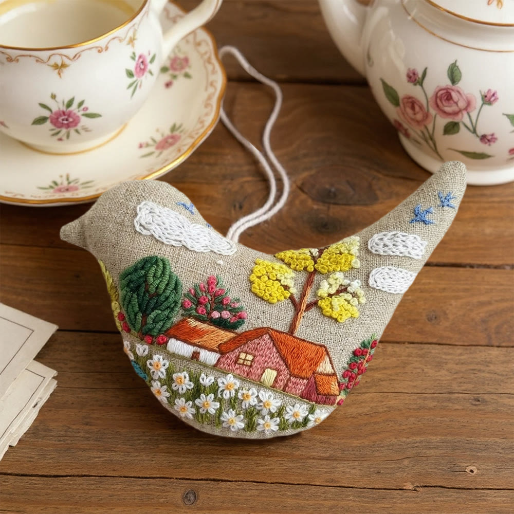 Rubbyoo Bird-shaped Embroidery Kit - Cottage Landscape Scene | Mother's Day Keepsake | Whimsical Wall Hanging Ornament - image 2