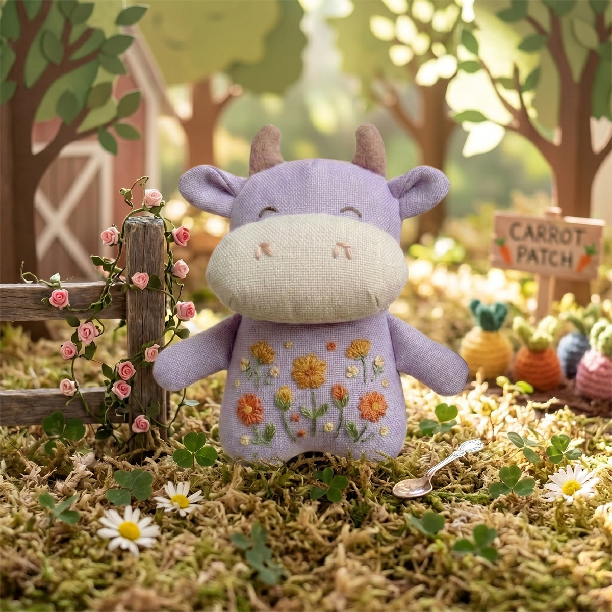 Rubbyoo Stuffed Cow Embroidery Kit | Rustic Flowers Handicraft | Cozy Purple Bag Charm - Hairless Style - image 2