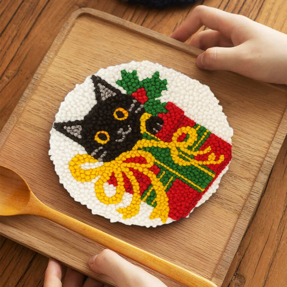 Christmas Black Cat Gift Punch Needle Kit – Festive DIY Handiwork | Sweet Holiday Ornament - 5 inch Coaster Kit - image 4