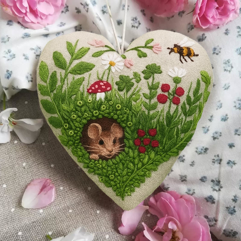 Rubbyoo Heart Embroidery Kit - Floral Mouse | Cute Animal Craft | Home Hanging Art - image 5