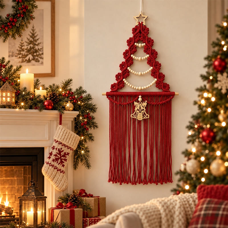 Rubbyoo Christmas Tree Tassel Woven Wall Hanging - Handmade Boho Accent | Festive Decoration For Home  - Burgundy red - image 1