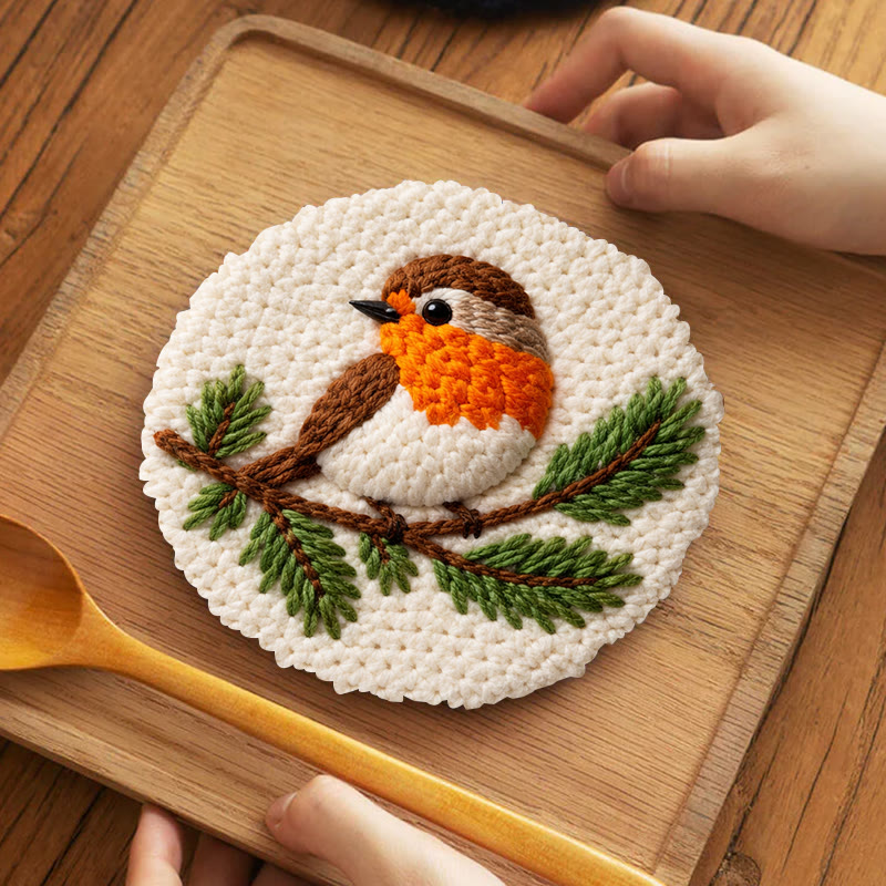 Cheerful Robin Branch Punch Needle Kit – Simple Handcraft Diy | Easy-to-make Decorative Pendant - 5 inch Coaster Kit - image 4