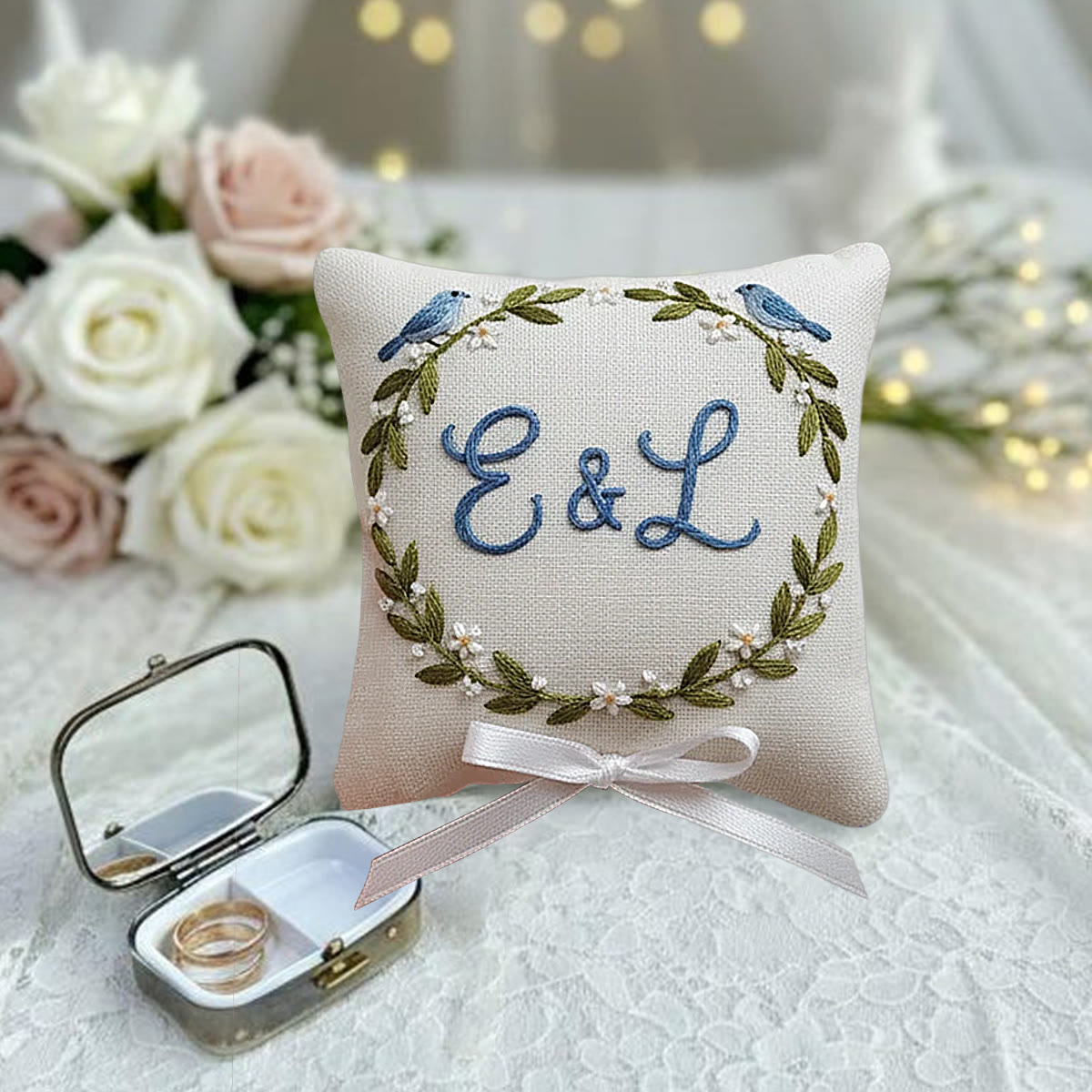 Rubbyoo Personalized Ring Bearer Pillow Embroidery Kit - Blue Birds Initials-adorned Wreath | Exquisite Decor Piece | Anniversary Gifting - image 4