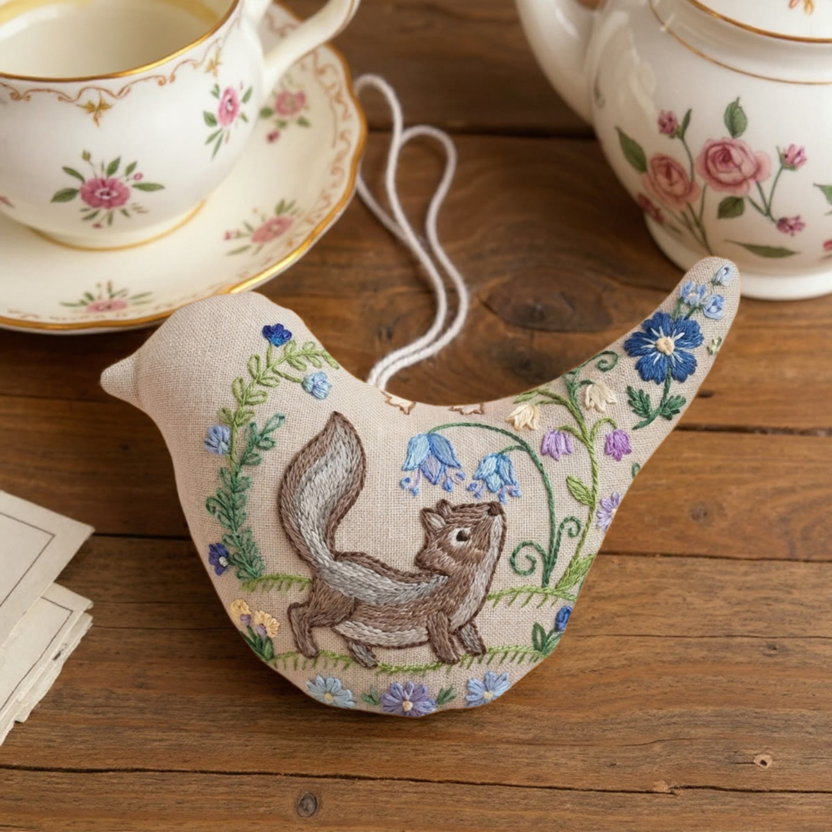 Rubbyoo Bird-shaped Embroidery Kit - Cunning Squirrel Motif  | Vintage Housewarming Gift | Hand-stitched Floral Charm - image 7