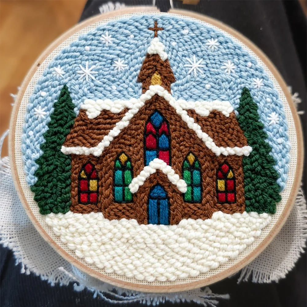 Snowy Stained-glass Church Punch Needle Kit – Novice Needlecraft Hoop | Cozy Winter Home Hanging - image 6
