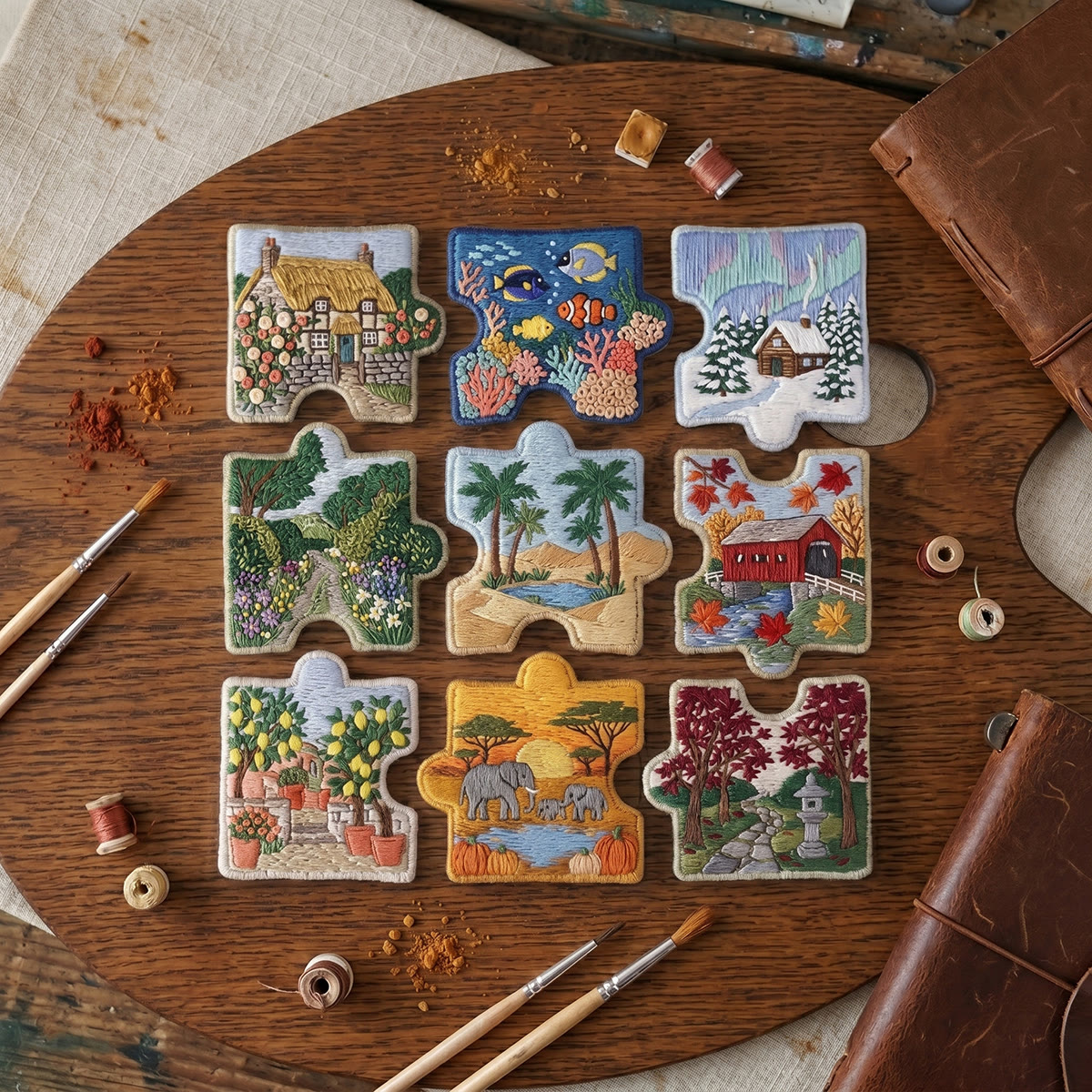 Rubbyoo Diy Magnet & Brooch Embroidery Puzzle Kit - Four Seasons Landscape Set | Scandi Folk Art Textile Refrigerator Magnet  - image 5