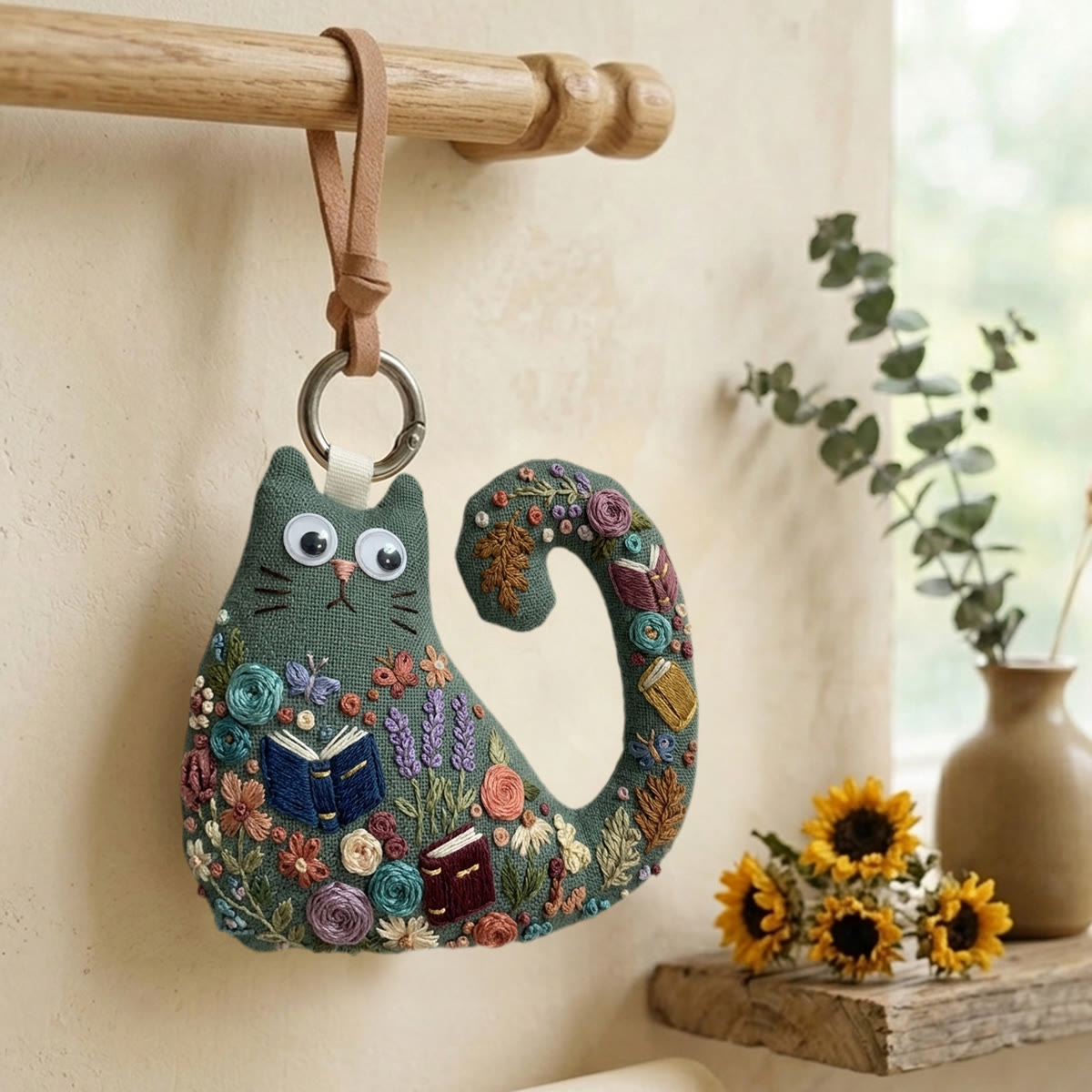 Rubbyoo Cat Embroidery Kit - Woodland Library Theme | Gift For Cat Lovers | Unique Artisan Backpack Charm - image 4