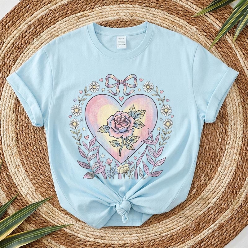 Rubbyoo Heart Of Rose Graphic Tee  - Soft Baggy  Shirt For Women  | Exquisite Pink Floral Print - Sky Blue - 2XL - image 7