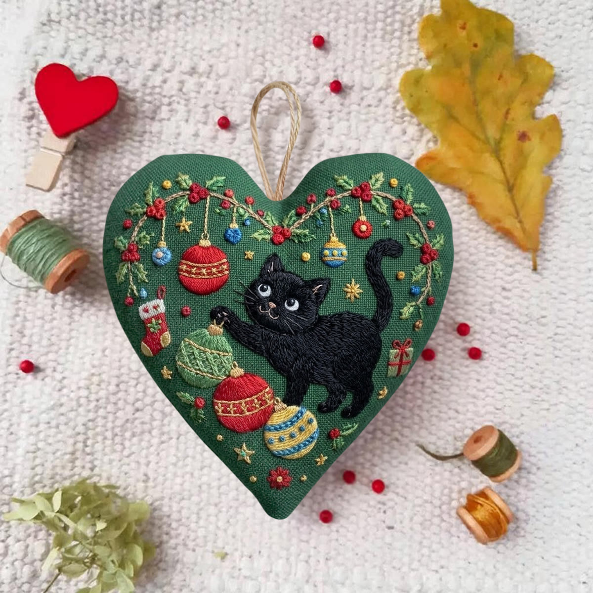 Rubbyoo Heart Embroidery Kit - Charming Naughty Black Cat | Christmas Tree Hanging Decoration | Adorable Nursery Room Festive Decor - image 7