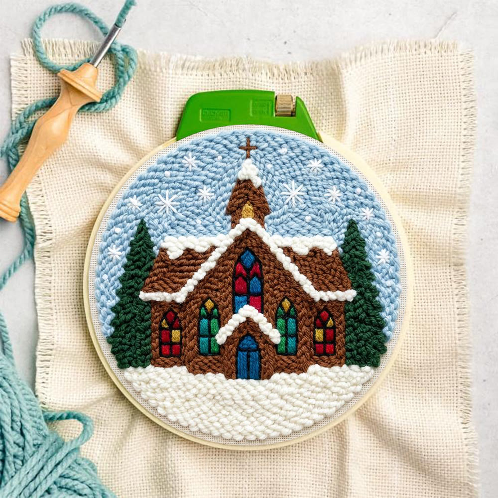 Snowy Stained-glass Church Punch Needle Kit – Novice Needlecraft Hoop | Cozy Winter Home Hanging - image 7
